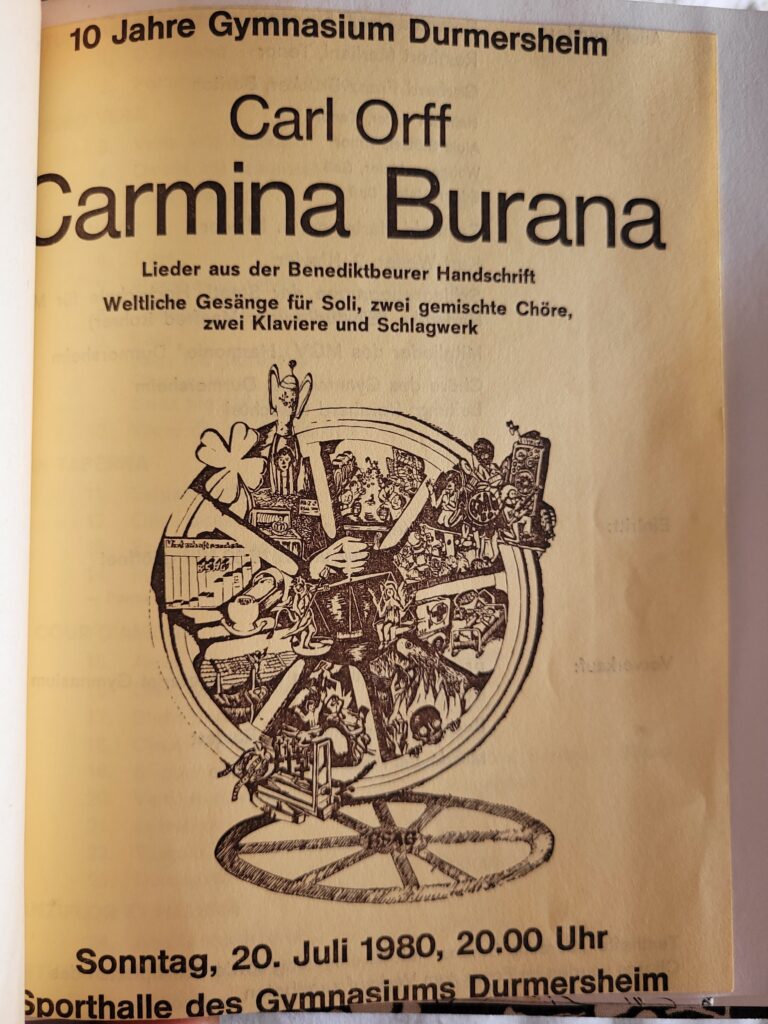 Flyer Carmina Burana Durmersheim 1980 aus Anlaß "10 Jahre Gymnasium Durmersheim"