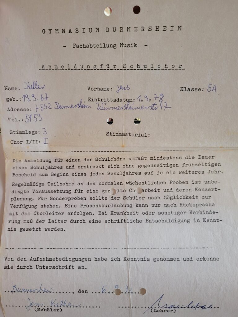 Anmeldung in den Schulchor am Gymnasium Durmersheim 1978